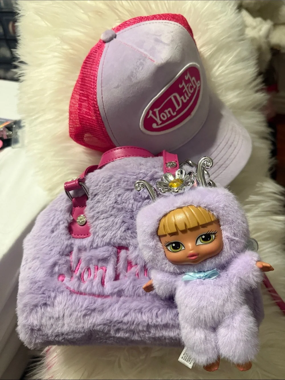 Von Dutch pink Purple fuzzy bag bratz Doll Keychain & Von Dutch Pink purple hat